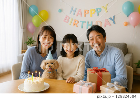 誕生日を祝う家族とトイプードル 写真風 リアル AI生成画像 128824384