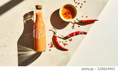 Vibrant red fermented chili sauce in a sleek bottle next to fresh chilies on a marble surface 128824401