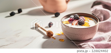 Rustic clay cup filled with creamy kefir and garnished with honey and fresh berries in soft light 128824402