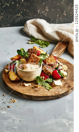 Cozy kitchen spread with crispy tempeh and roasted vegetables on wooden board Cozy kitchen spread with crispy tempeh and roasted vegetables on wooden board 128824428
