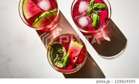 Refreshing watermelon basil-infused water in glass cups with bright sunlight and marble background Refreshing watermelon basil-infused water in glass cups with bright sunlight and marble background 128824505