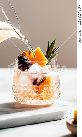 Tropical mango and pineapple infused water poured into a glass with fresh fruit and ice Tropical mango and pineapple infused water poured into a glass with fresh fruit and ice 128824507