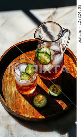 Elegant glass pitcher with Sassy water and cucumber slices illuminated by natural sunlight Elegant glass pitcher with Sassy water and cucumber slices illuminated by natural sunlight 128824508