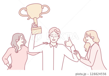 We are joyfully celebrating our remarkable achievement with a trophy and a strong team spirit 128824556