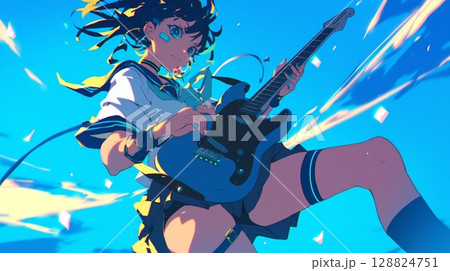 ギターを持って楽しそうにする女の子 128824751