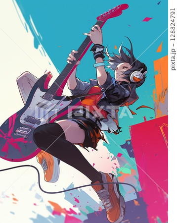 ギターを持って楽しそうにする女の子 128824791