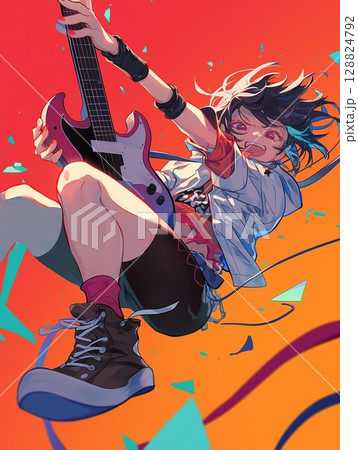 ギターを持って楽しそうにする女の子 128824792