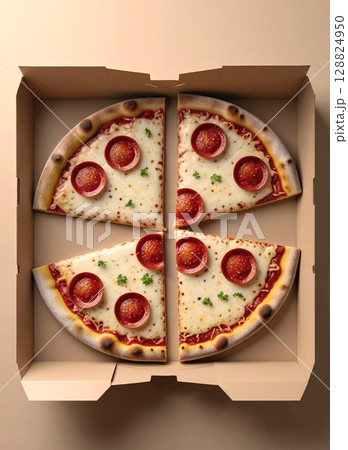 Top-down view of a delicious pepperoni pizza, perfectly sliced into four large pieces within a plain cardboard box. Features melted cheese, savory pepperoni, and green herbs, ready to be enjoyed 128824950