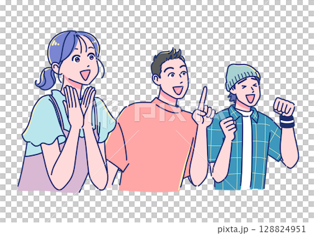 Young men and women in anime style looking up and impressed 128824951