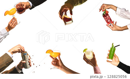 Collage of colorful mixed drinks in various hands with copy space for text Collage of colorful mixed drinks in various hands with copy space for text 128825056