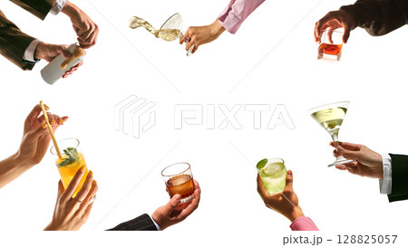 Collage of diverse hands holding elegant cocktails and pouring drinks on white background with copy space 128825057
