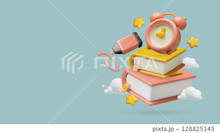 3D education background with a clock, books, felt-tip pen and stars 128825145