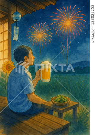 縁側でビールを飲む男性 縁側でビールを飲む男性 128825252
