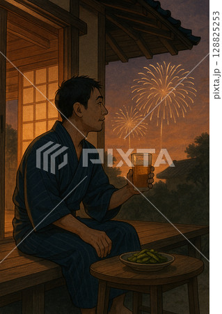 縁側でビールを飲む男性 128825253