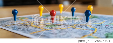 Colorful push pins mark locations on a printed...のイラスト素材 [128825404 ...