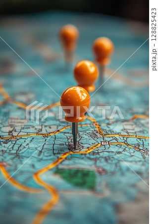 Orange push pins marking destinations on an unfolded road map, signifying journey planning and wayfinding. 128825423