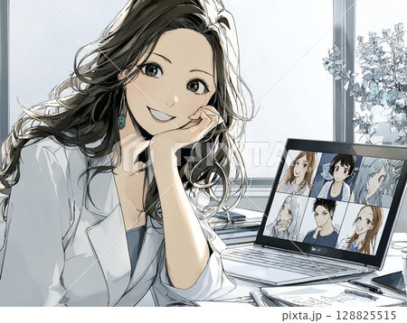 ノートパソコンで世界中の人たちと仕事をする若い女性のイラスト素材 ノートパソコンで世界中の人たちと仕事をする若い女性のイラスト素材 128825515