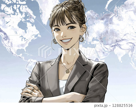 世界地図の前に立つ笑顔のビジネスウーマンのイラスト素材 128825516