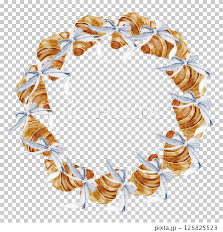 Croissant watercolor frame. Hand drawn fresh french bun with a bow. Food clip art. Ideal for bakery prints, postcards and pastry shop posters. 128825523