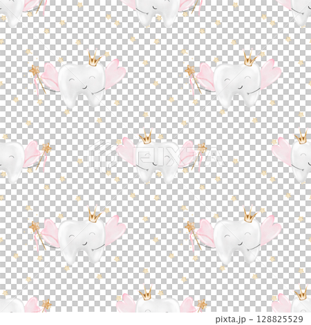 Baby tooth watercolor seamless pattern. Cute cartoon molar with crown and a magic wand on isolated white background. Dental clip art. Ideal for cards and invitations to the party baby's first tooth Baby tooth watercolor seamless pattern. Cute cartoon molar with crown and a magic wand on isolated white background. Dental clip art. Ideal for cards and invitations to the party baby's first tooth 128825529