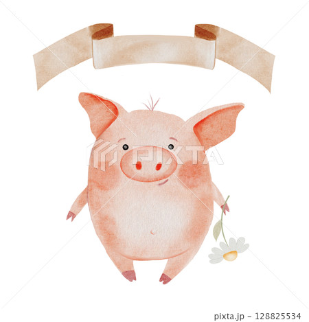 Piglet or piggy watercolor drawing. Hand drawn illustration of pig with chamomile flower and the inscription on white background. Clip art of cute farm animal character. Ideal for stickers, cards and Piglet or piggy watercolor drawing. Hand drawn illustration of pig with chamomile flower and the inscription on white background. Clip art of cute farm animal character. Ideal for stickers, cards and 128825534