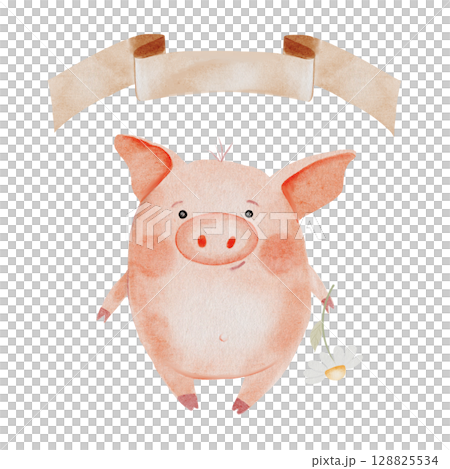Piglet or piggy watercolor drawing. Hand drawn illustration of pig with chamomile flower and the inscription on white background. Clip art of cute farm animal character. Ideal for stickers, cards and Piglet or piggy watercolor drawing. Hand drawn illustration of pig with chamomile flower and the inscription on white background. Clip art of cute farm animal character. Ideal for stickers, cards and 128825534