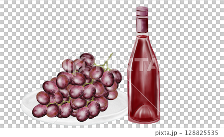 Wine bottle and grapes watercolor painting. Drink glass alcoholic red sparkling. Clip art drinks. Wine shop booklets. Ideal for restaurant menus, posters and wine list. 128825535