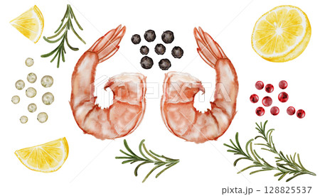 Shrimp watercolor set. Hand drawn crustacean and spices, rosemary, lemon on isolated white background. Food clip art. Ideal for restaurant menus, product packaging and cookbook design 128825537