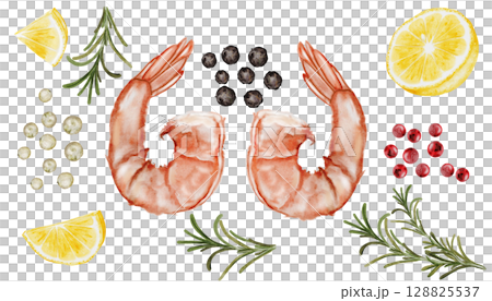 Shrimp watercolor set. Hand drawn crustacean and spices, rosemary, lemon on isolated white background. Food clip art. Ideal for restaurant menus, product packaging and cookbook design 128825537