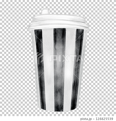 Watercolor cardboard coffee cup. Hot drink to go, isolated on white background. Food illustration. For coffee shop logos and shop window stickers Watercolor cardboard coffee cup. Hot drink to go, isolated on white background. Food illustration. For coffee shop logos and shop window stickers 128825539
