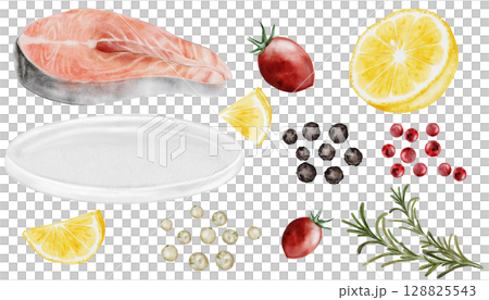 Salmon fillet watercolor set. Hand drawn red fish steak on white background. Food clip art. Ideal for farm fish packaging design, restaurant menus and culinary blogs Salmon fillet watercolor set. Hand drawn red fish steak on white background. Food clip art. Ideal for farm fish packaging design, restaurant menus and culinary blogs 128825543