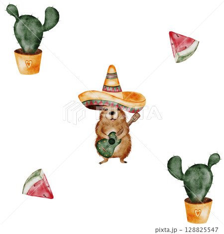 Capybara cartoon watercolor seamless pattern. A funny animal in a Mexican sombrero hat with a guitar. Cute water pig hand drawing on isolated white background. Clip art of a friendly guinea pig. Ideal Capybara cartoon watercolor seamless pattern. A funny animal in a Mexican sombrero hat with a guitar. Cute water pig hand drawing on isolated white background. Clip art of a friendly guinea pig. Ideal 128825547