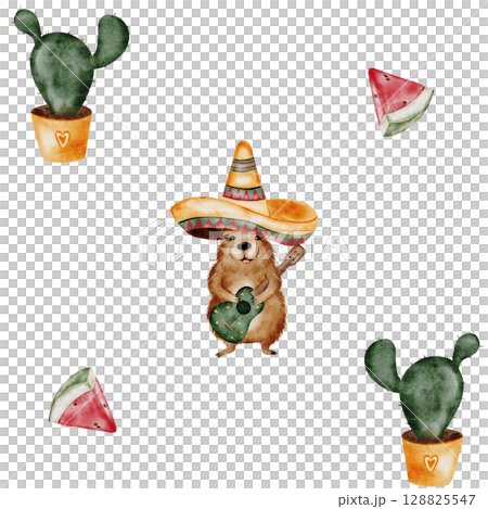 Capybara cartoon watercolor seamless pattern. A funny animal in a Mexican sombrero hat with a guitar. Cute water pig hand drawing on isolated white background. Clip art of a friendly guinea pig. Ideal Capybara cartoon watercolor seamless pattern. A funny animal in a Mexican sombrero hat with a guitar. Cute water pig hand drawing on isolated white background. Clip art of a friendly guinea pig. Ideal 128825547