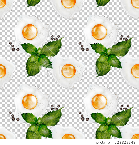 Watercolor seamless pattern with fried eggs. Hand drawn on white background. Ideal for restaurant menus, food packaging and cookbooks. 128825548
