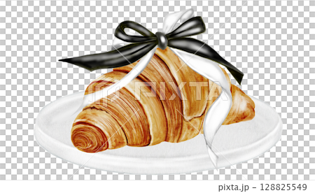 Croissant watercolor illustration. Hand drawn fresh french bun with a bow. Food clip art. Ideal for bakery prints, postcards and pastry shop posters. 128825549