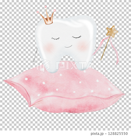 Baby tooth watercolor. Cute cartoon molar with crown on the pillow on isolated white background. Dental clip art. Ideal for cards and invitations to the party baby's first tooth, kawaii posters in the Baby tooth watercolor. Cute cartoon molar with crown on the pillow on isolated white background. Dental clip art. Ideal for cards and invitations to the party baby's first tooth, kawaii posters in the 128825550