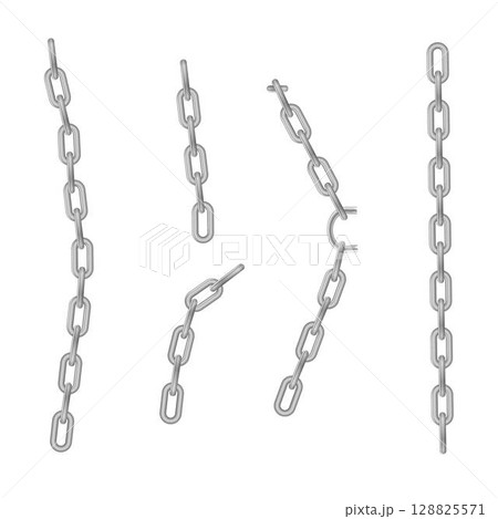 Free metal chain with whole or break steel chrome links. Collection of seamless metal chains colored silver. Vector 128825571