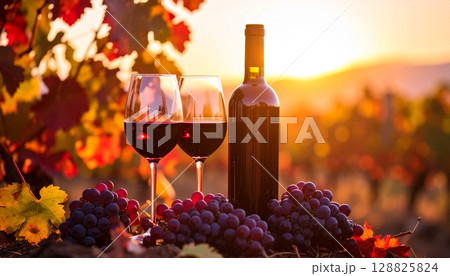 ワインのボトルと赤ワインの入ったグラス ワインのボトルと赤ワインの入ったグラス 128825824
