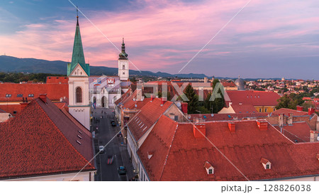 Church of St. Mark day to night timelapse and parliament building Zagreb, Croatia. 128826038