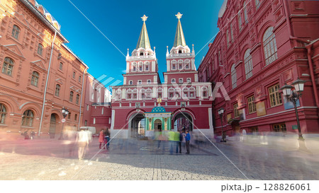 Tourists walk on Red Square near the branch of the Historical Museum and the zero kilometer in Moscow. timelapse hyperlapse 128826061