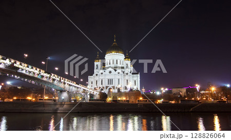 Majestic orthodox Cathedral of Christ Saviour and bridge at dusk on bank of Moscow river. Timelapse hyperlapse, Russia Majestic orthodox Cathedral of Christ Saviour and bridge at dusk on bank of Moscow river. Timelapse hyperlapse, Russia 128826064