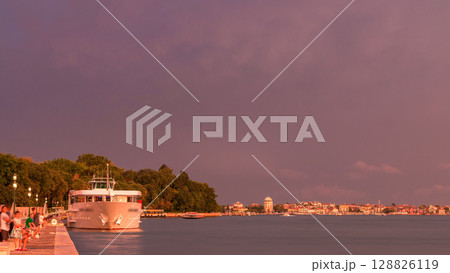 View of waterfront timelapse with ship at the riva degli schiavoni in Venice 128826119