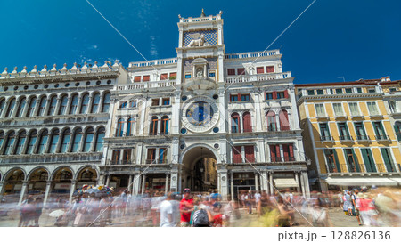 St Mark's Clock tower timelapse hyperlapse on Piazza San Marco, facade, Venice, Italy. 128826136