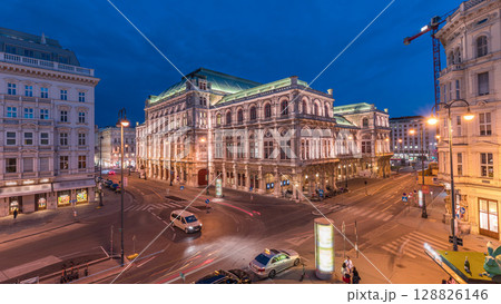 Beautiful view of Wiener Staatsoper aerial day to night timelapse in Vienna, Austria 128826146