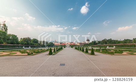 Belvedere palace with beautiful floral garden timelapse hyperlapse, Vienna Austria Belvedere palace with beautiful floral garden timelapse hyperlapse, Vienna Austria 128826159