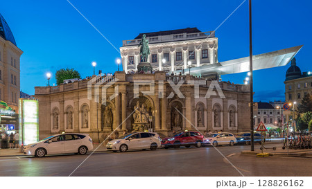 Night view of equestrian statue of Archduke Albert in front of the Albertina Museum day to night timelapse in Vienna, Austria 128826162