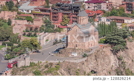 Metekhi Virgin Mary Assumption Church aerial timelapse. Tbilisi, Georgia. 128826214