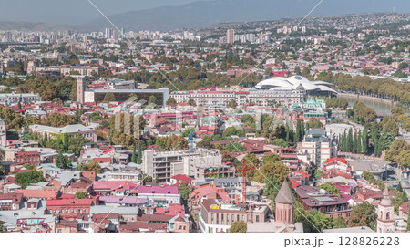 Panoramic cityscape with Public Service Hall seen from Narikala Fortress in Tbilisi city timelapse. Georgia 128826228