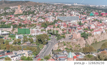 Metekhi Virgin Mary Assumption Church aerial timelapse. Tbilisi, Georgia. Metekhi Virgin Mary Assumption Church aerial timelapse. Tbilisi, Georgia. 128826230