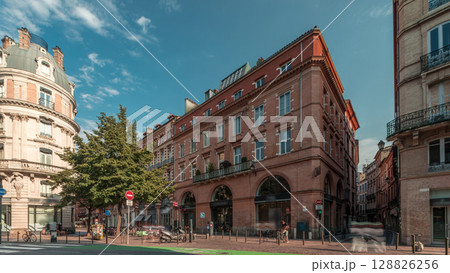 Panorama showing Rue de Metz timelapse in Toulouse, Occitanie, France, with historic facades Panorama showing Rue de Metz timelapse in Toulouse, Occitanie, France, with historic facades 128826256